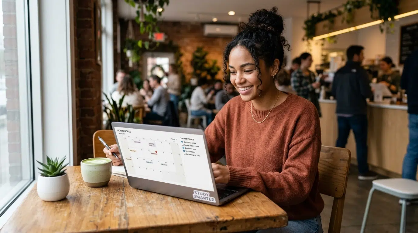 A student in a bright, modern cafe looking at a clean Notion dashboard on her laptop.