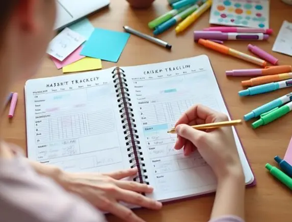 A person writes in a habit tracker journal at a desk scattered with colorful pens, sticky notes, and papers.