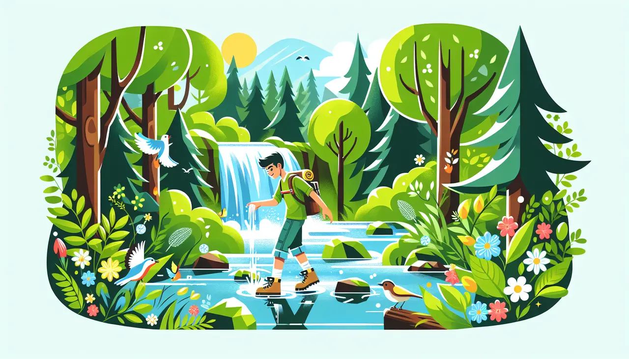 A person with a backpack walks across stones in a forest stream near a waterfall, surrounded by trees, flowers, birds, and sunlit mountains in the background. The scene is colorful and cheerful.