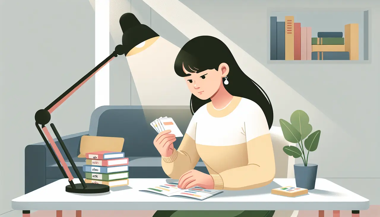 A woman sits at a desk under a lamp, studying flashcards. Books, a plant, and an open notebook are on the table. There is a shelf with books in the background. The scene is calm and organized.