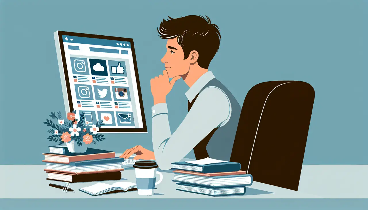 A person sits at a desk, looking thoughtfully at a computer screen displaying various social media icons. There are books, a mug, papers, and a flower vase on the desk. The scene has a calm, modern office vibe.