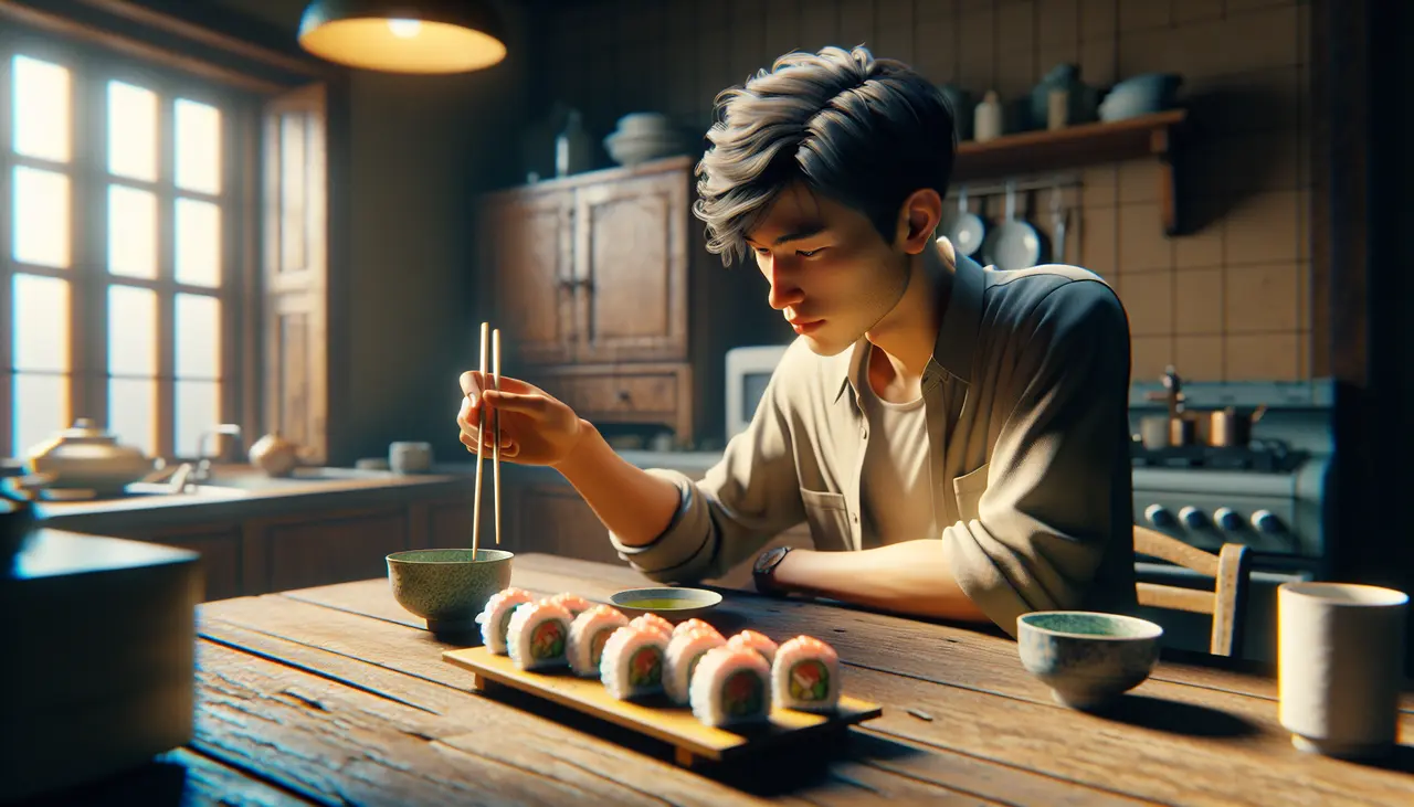A young person sits at a wooden table in a cozy kitchen, using chopsticks to pick up sushi from a plate. Sunlight streams through a window, illuminating the scene and creating a warm, inviting atmosphere.