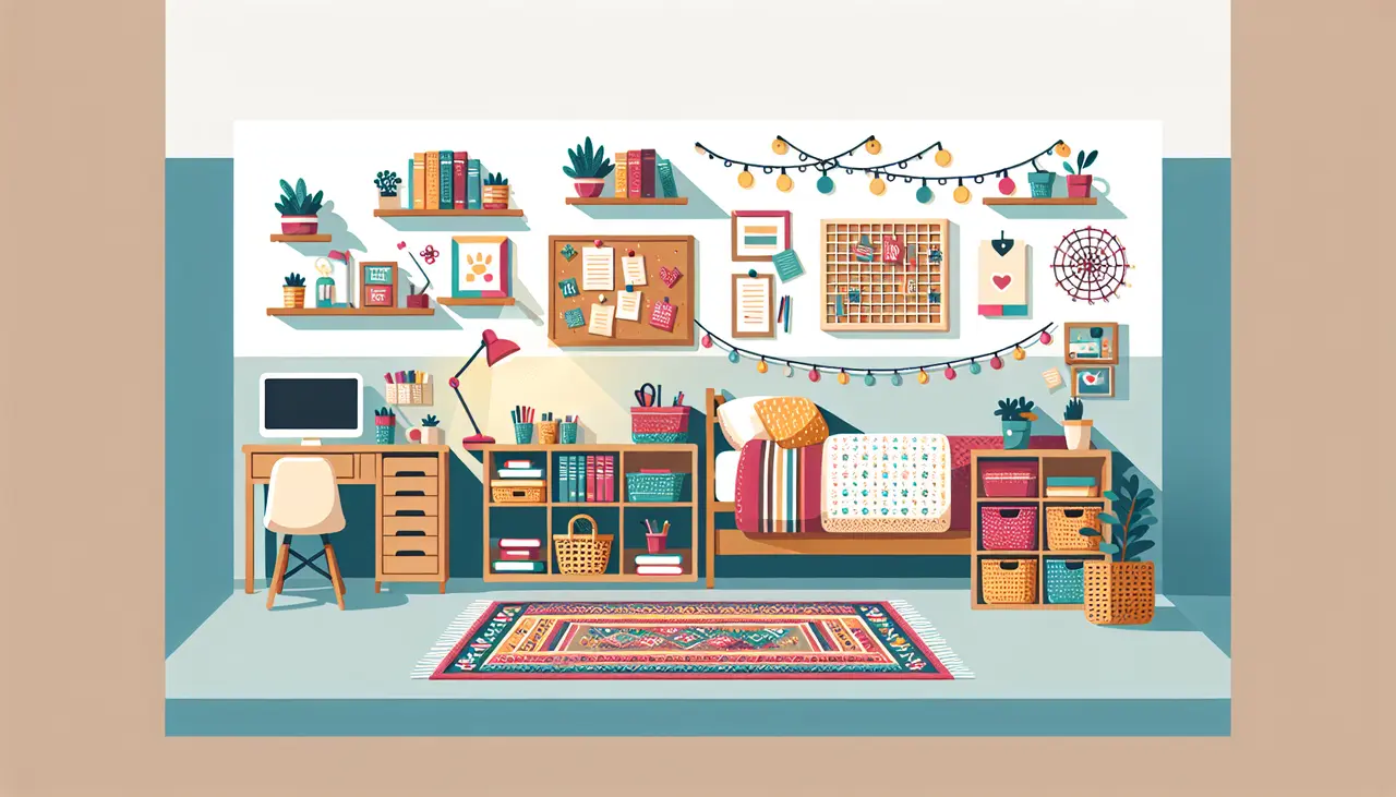 A cozy, colorful bedroom with a bed, desk, computer, bookshelves, string lights, plants, wall decor, and a patterned rug, creating an organized and inviting study and relaxation space.
