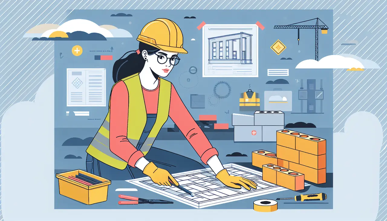 A woman in a hard hat and safety vest studies blueprints at a construction site, surrounded by bricks, tools, tape, and construction plans, with cranes and building diagrams in the background.