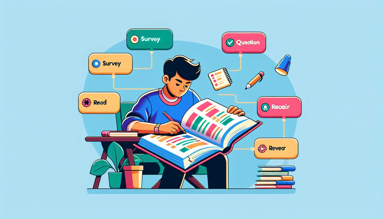 Illustration of a student at a desk studying an open book, surrounded by floating labels: Survey, Question, Read, Recite, and Review, representing study strategies. Books, a lamp, plant, and stationery are also visible.