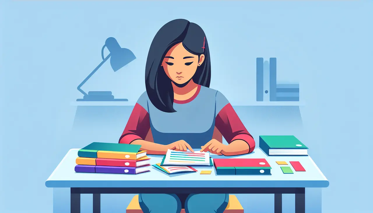 A girl with long dark hair sits at a desk, reading papers surrounded by colorful folders, books, and notebooks. A lamp and shelves with books are in the background, giving a studious atmosphere.
