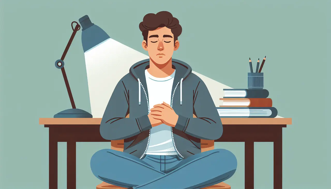 A person sits cross-legged in front of a desk, eyes closed and hands clasped, appearing calm. The desk has a lamp, books, and stationery. The background is a soft green.