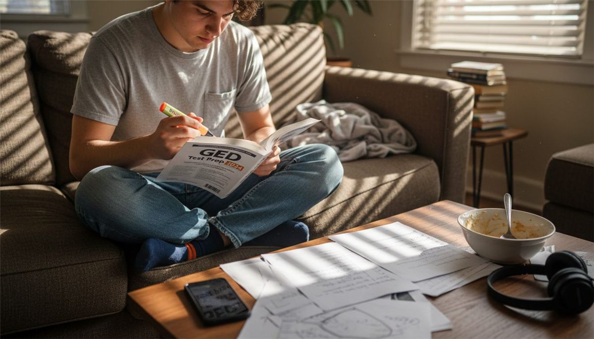 Young adult highlights GED study guide