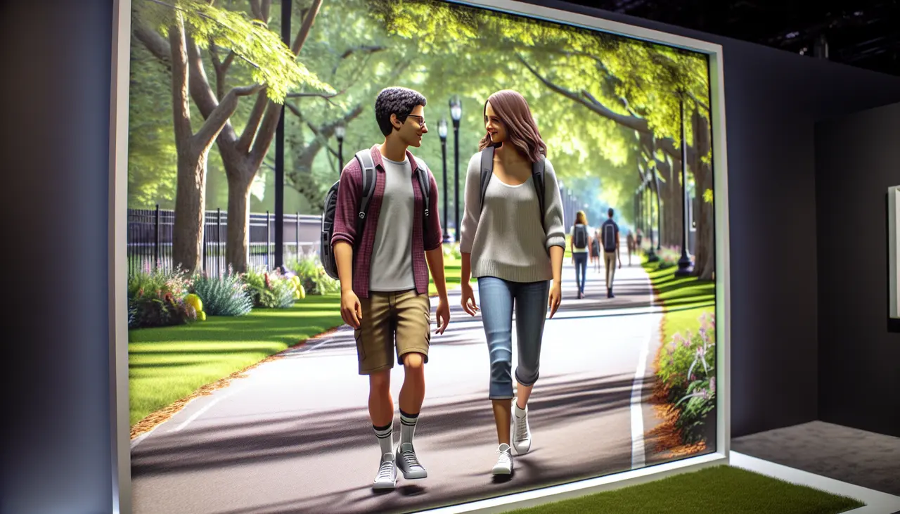 A young man and woman walk together on a sunlit park path, smiling and talking, with trees and other people in the background. The scene appears to be displayed on a large screen or framed image.