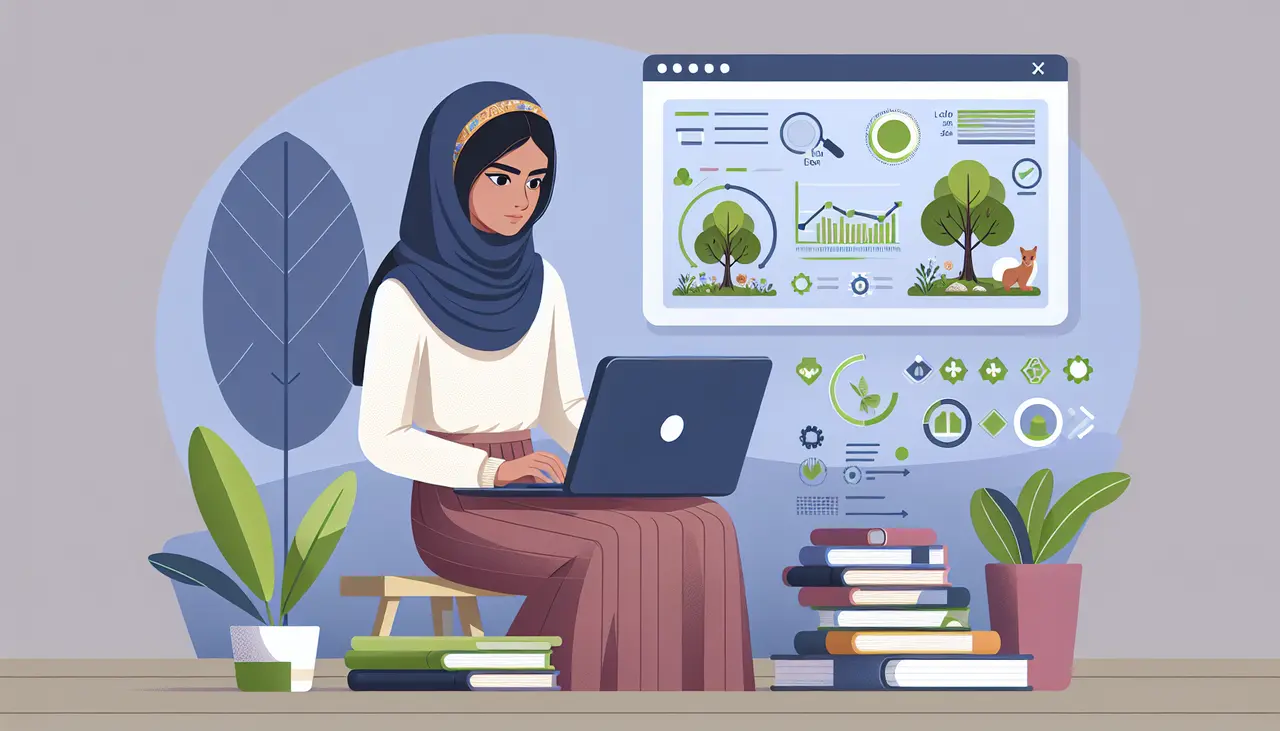 A woman in a hijab works on a laptop, surrounded by plants and books. Behind her is a screen displaying eco-friendly charts, graphs, and green energy icons, suggesting an environmental research or study setting.