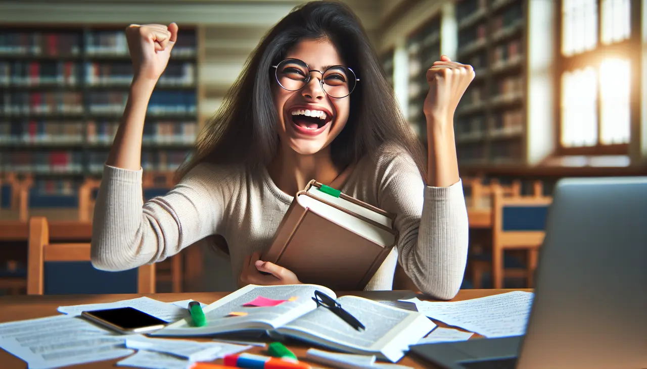 A young woman sits at a library table with books and papers, smiling and raising her fists in excitement, celebrating an achievement while studying.