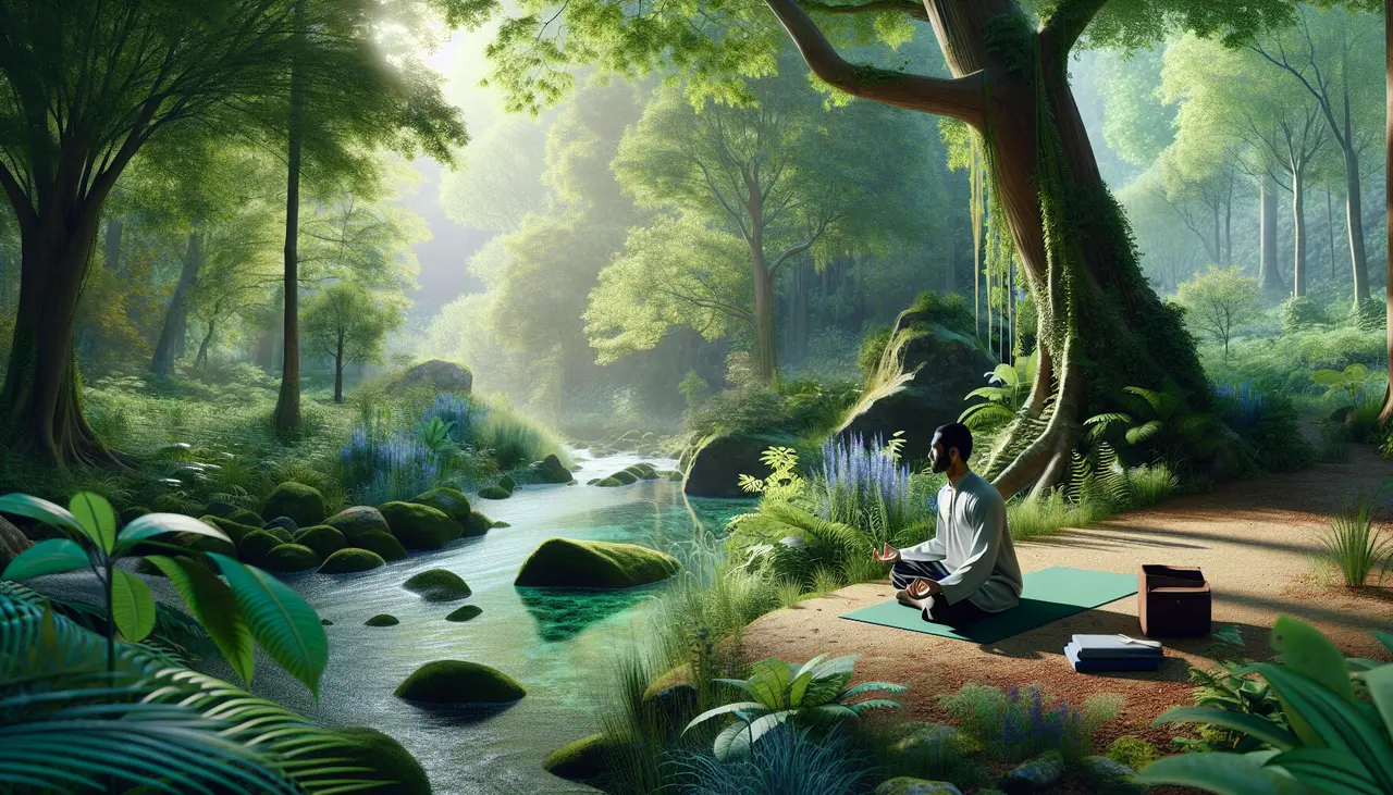A person meditates on a mat by a tranquil stream in a lush, sunlit forest. Nearby are a closed bag and a folded blanket. Greenery and dappled sunlight fill the peaceful, natural scene.