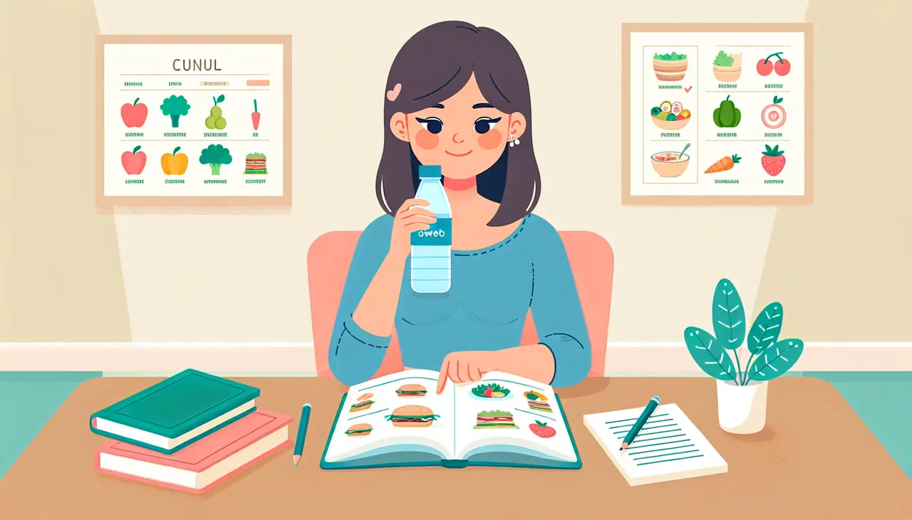 A woman sits at a desk, drinking water while studying food images in a book. There are books, papers, a pen, and a plant on the desk, and food posters are displayed on the wall behind her.