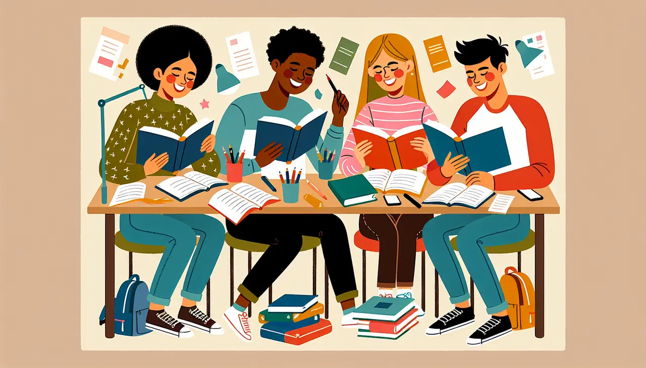 Four smiling students sit at a table, reading books and studying together. Papers, notebooks, and pencils are scattered on the table and floor. The scene is colorful and lively, showing a collaborative learning environment.