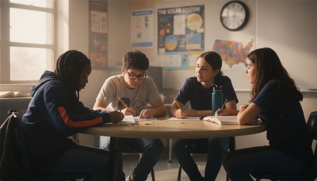 Group of students talking at classroom table