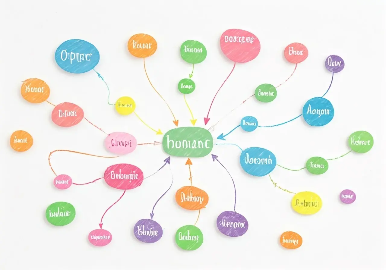 A colorful mind map with Bounce in the center, connected by arrows to various related words in different pastel-colored bubbles on a white background.