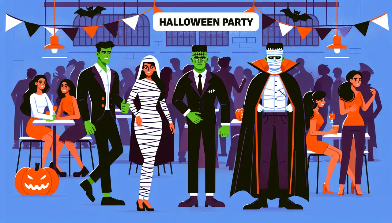 Four people in Halloween costumes—Frankensteins monster, a mummy, a vampire, and another green-skinned figure—pose at a party with festive decorations, pumpkins, and silhouettes of other guests in the background.