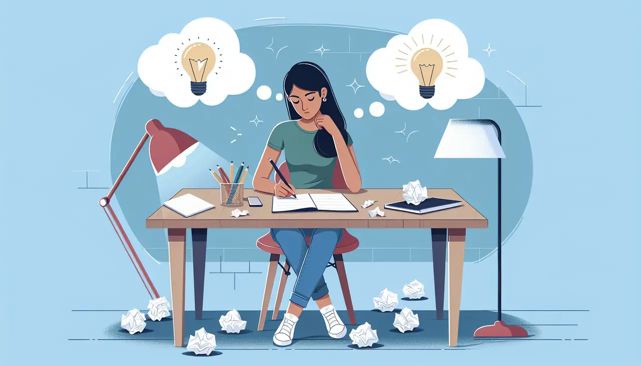 A woman sits at a desk writing, surrounded by crumpled papers. She appears deep in thought, with light bulb illustrations above her head, symbolizing ideas. Two lamps and various stationery items are also on the desk.