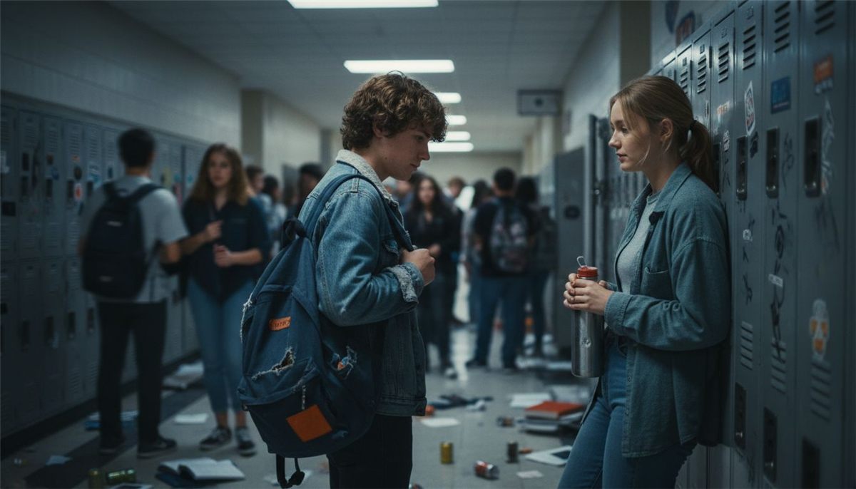 Students talking by lockers, others passing