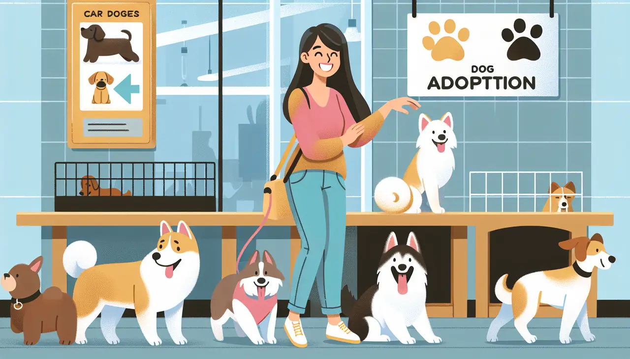 A smiling woman stands in a dog adoption center with five happy dogs of different breeds around her, including corgis and huskies. Signs behind her read “Dog Adoption” and “Car Dogs.”.