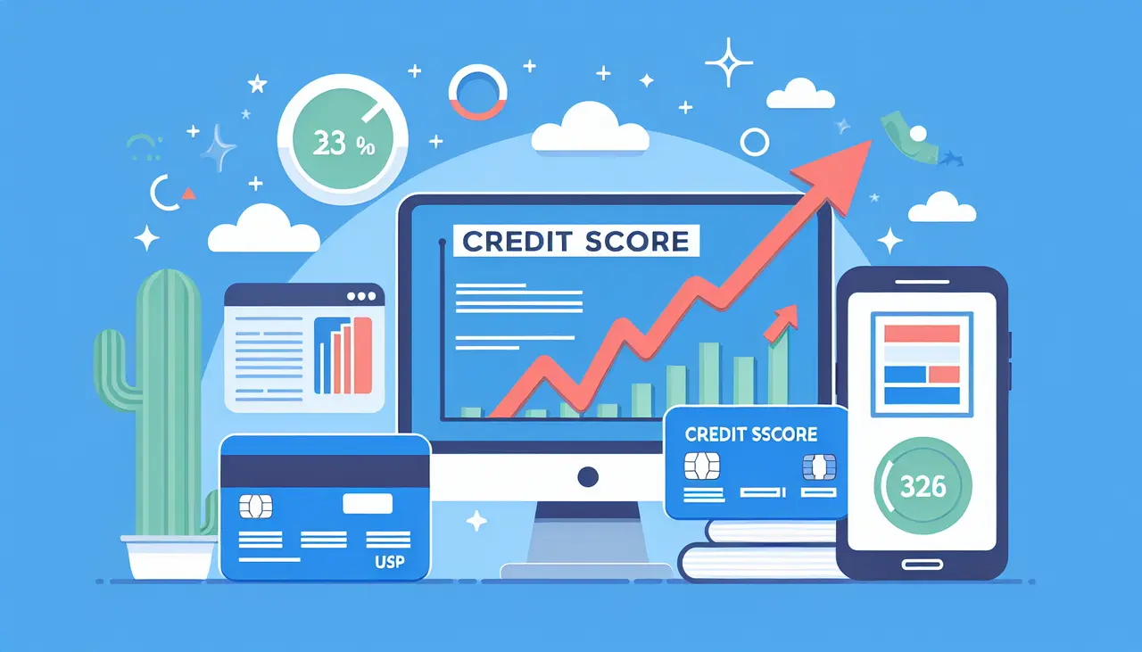 Illustration of credit score monitoring with credit cards, graphs, and a rising red arrow on a computer screen, showing improving credit score. Smartphone displays a score of 326. Blue background with charts and icons.