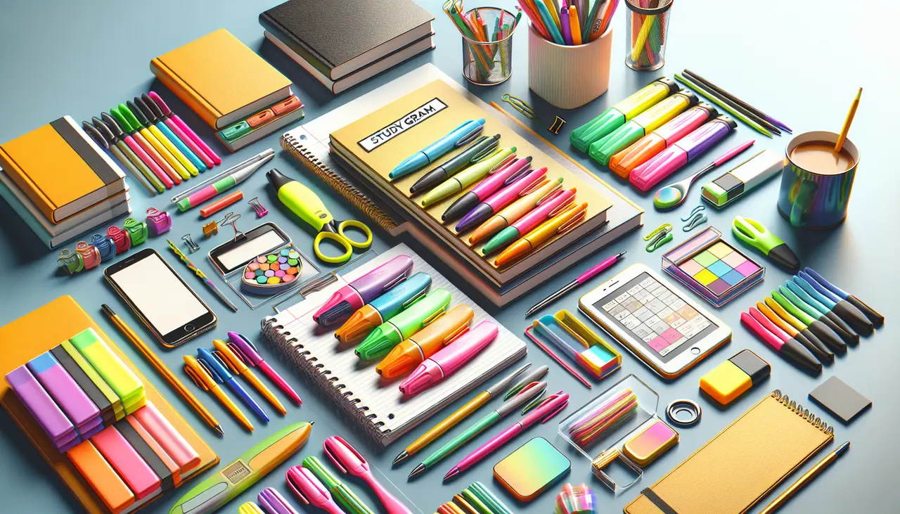 Neatly arranged colorful stationery items, including notebooks, highlighters, pens, pencils, sticky notes, paper clips, scissors, erasers, and electronic devices, on a light blue surface.