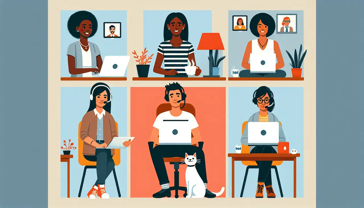 Illustration of six people working remotely on laptops in separate rooms, including a man with headphones and a white cat. Room backgrounds feature plants, lamps, artwork, and personal touches. All appear focused and collaborative.