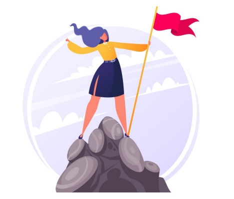 Illustration of a woman standing triumphantly on a mountain peak, holding a red flag, with clouds and sky in the background.