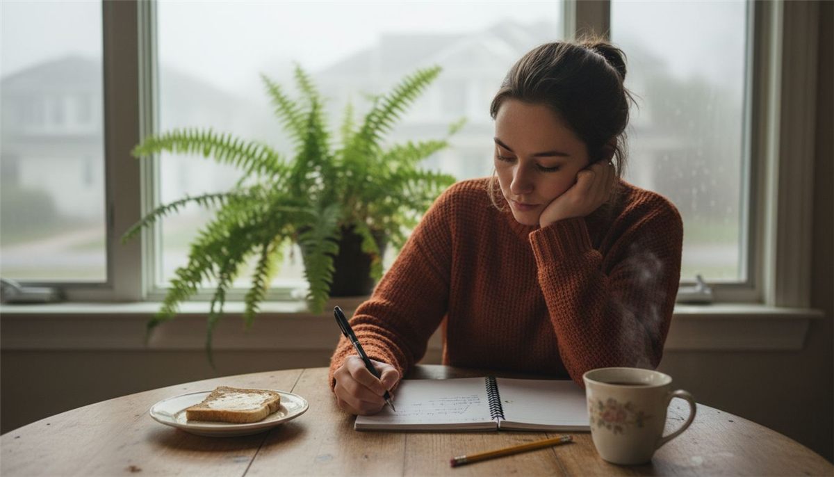 Young person journaling at kitchen table