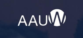 White letters AAUW on a dark blue background, with the W stylized as a white shape resembling an arch or fan.