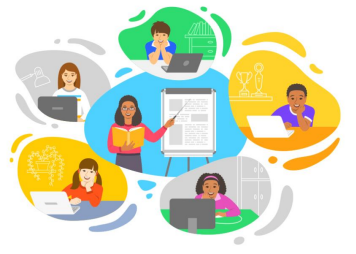 Six children are learning and studying online, each at a desk with a laptop, and one teacher is pointing to a presentation on a flip chart, all in colorful backgrounds.