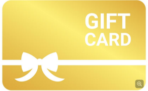 A gold gift card with a white ribbon and bow along the bottom and left edges, and the words GIFT CARD in bold white letters on the right side.