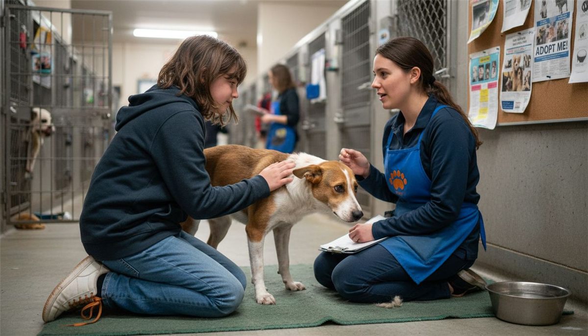 Girl volunteering at animal shelter with dog