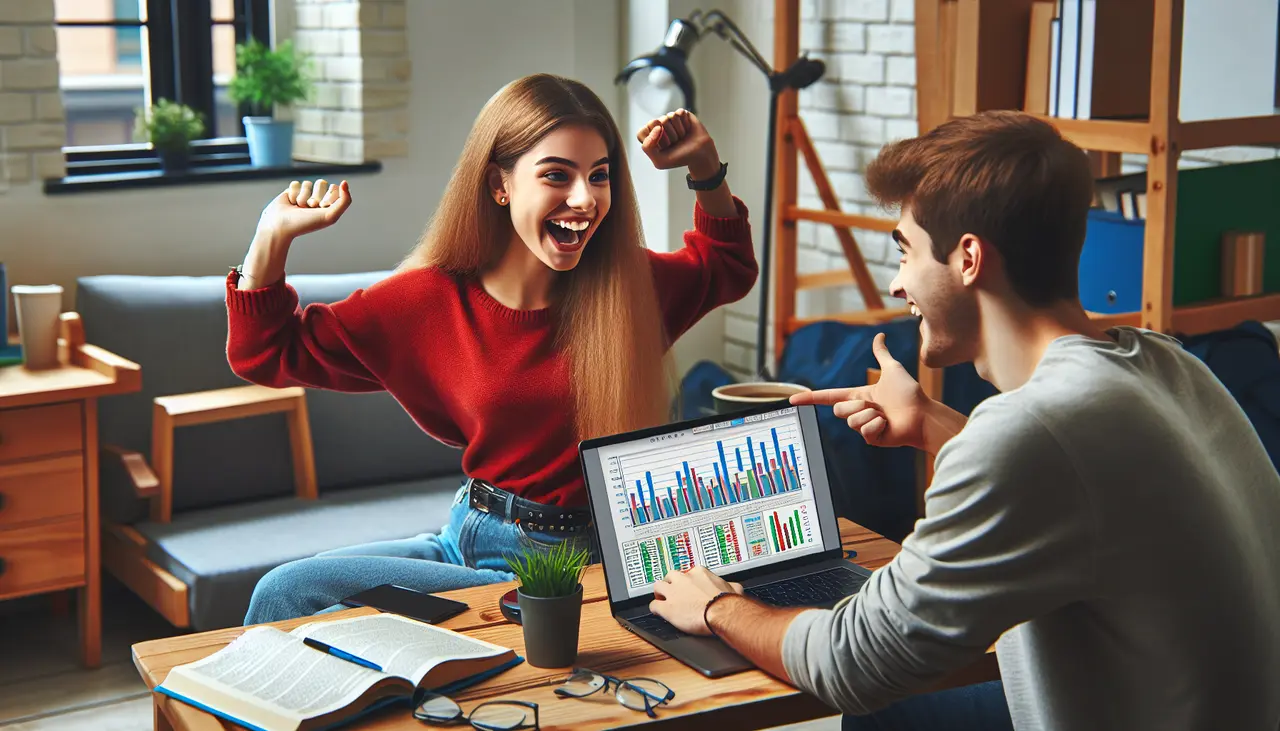 Two people celebrate at a table with a laptop displaying colorful graphs. One cheers with raised arms, while the other points at the screen, both smiling. Books and a small plant are also on the table in a cozy room.