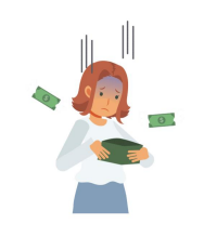 A worried woman looks at her empty wallet as dollar bills fly away, indicating financial stress or money loss.
