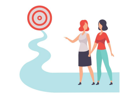 Two women stand together, one pointing ahead toward a target symbol at the end of a winding path, representing teamwork and goal-setting.
