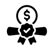 A circular dollar sign icon above a badge with a checkmark, flanked by two hands, symbolizing financial approval, security, or verified payment.