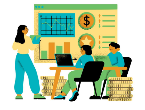 Three people in an office, with two seated at a table, a laptop, and stacks of coins. A woman stands, presenting charts and financial data on a large screen behind them.