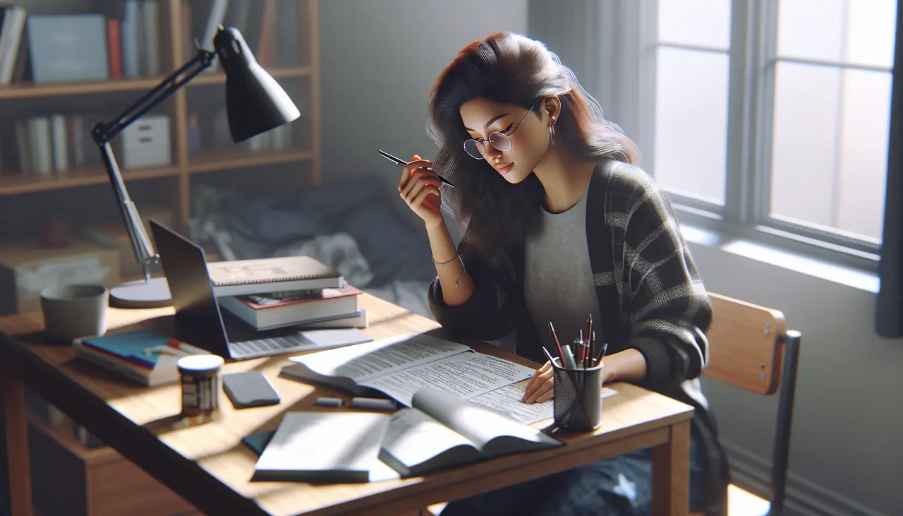 Woman wearing glasses studying at a desk with open books, a laptop, and pens. Sunlight streams through a window, and bookshelves are visible in the background.