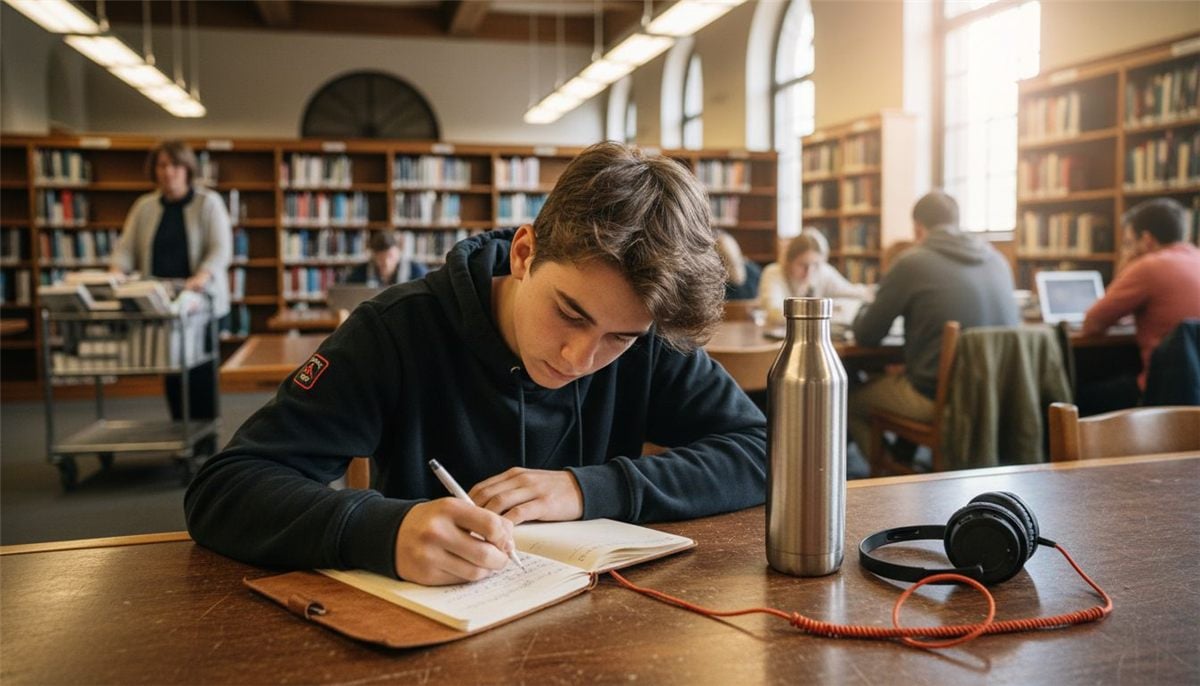 Student studying at public library desk