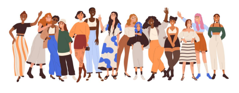 A diverse group of twelve women stand side by side, smiling and posing together, dressed in various colorful outfits against a white background.