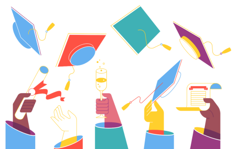 Illustration of hands holding graduation caps, a diploma, a glass, and a certificate with graduation caps flying in the air, celebrating academic achievement.