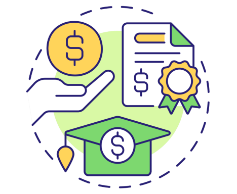 Illustration of a hand holding a coin, a document with a ribbon, and a graduation cap with a dollar sign, symbolizing education funding or student financial aid.
