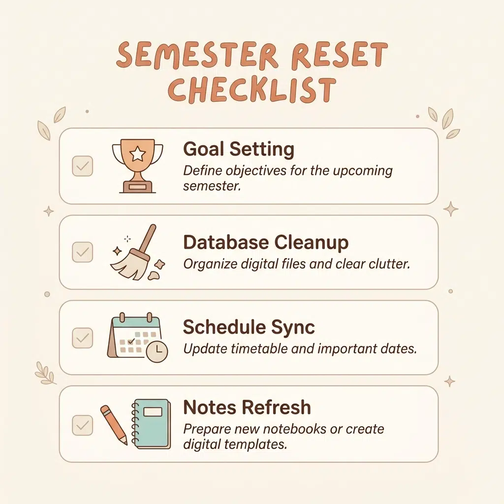 A minimal vector illustration of a Semester Reset Checklist with icons for goals, databases, and schedules.