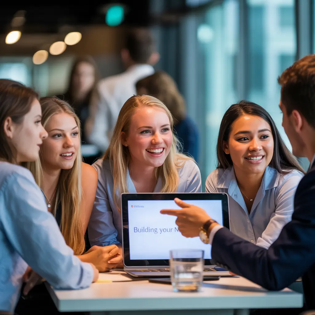 Four young professionals sit at a table, smiling and talking, with a laptop displaying “Building your…” on the screen in a bright modern office space.