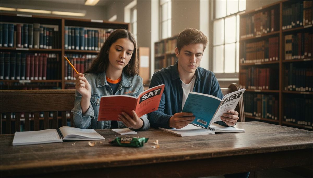 High schoolers reviewing SAT and ACT booklets