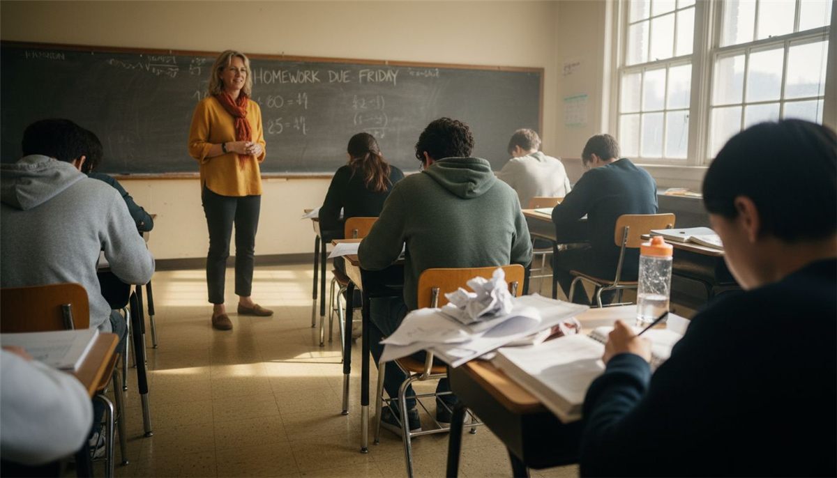 Teacher supervising students taking classroom notes