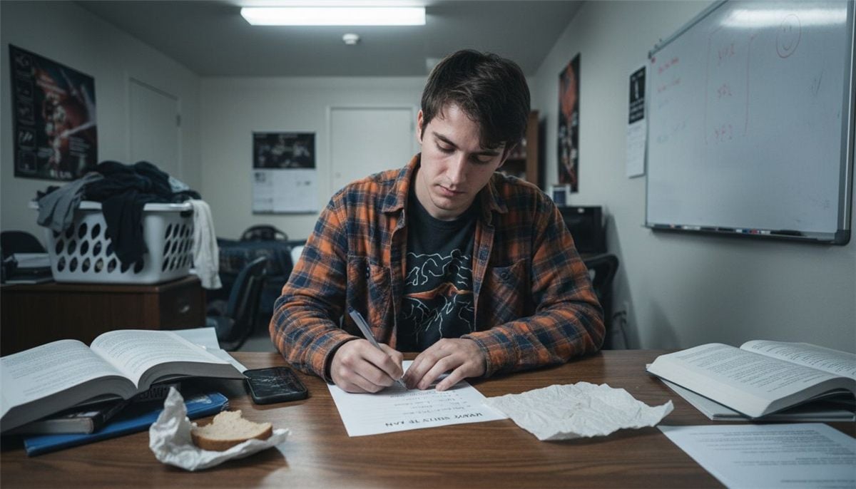 Student writing SMART goals at cluttered desk