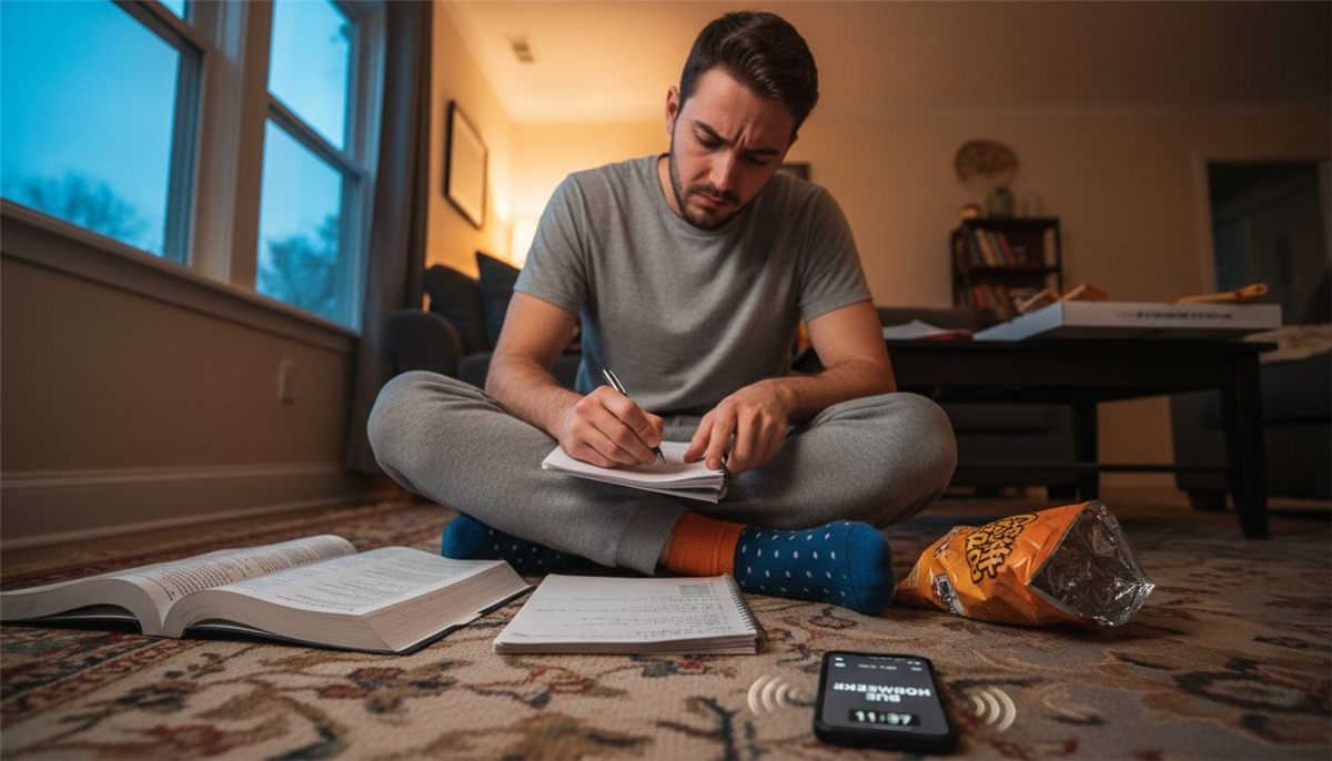 Man tracking deadlines in planner on floor