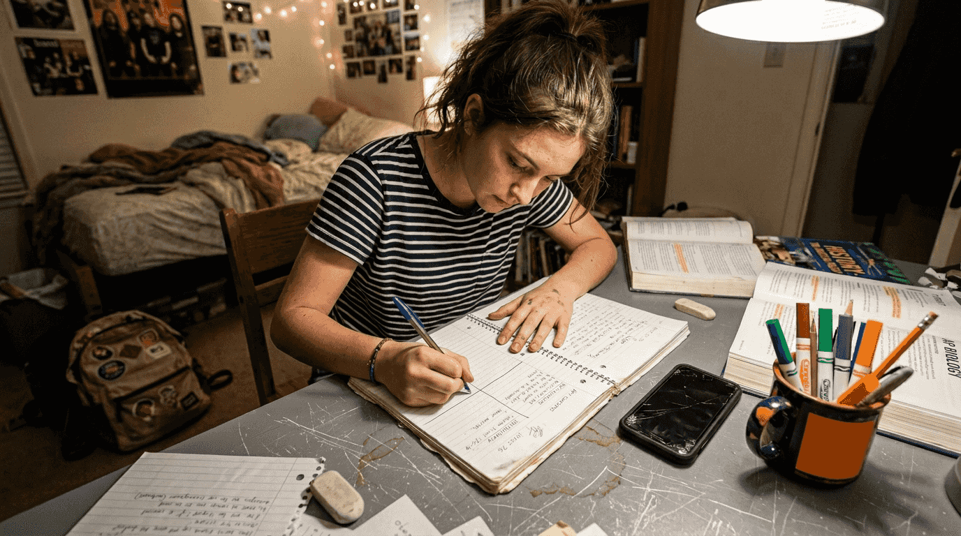 Student using Cornell method at cluttered desk
